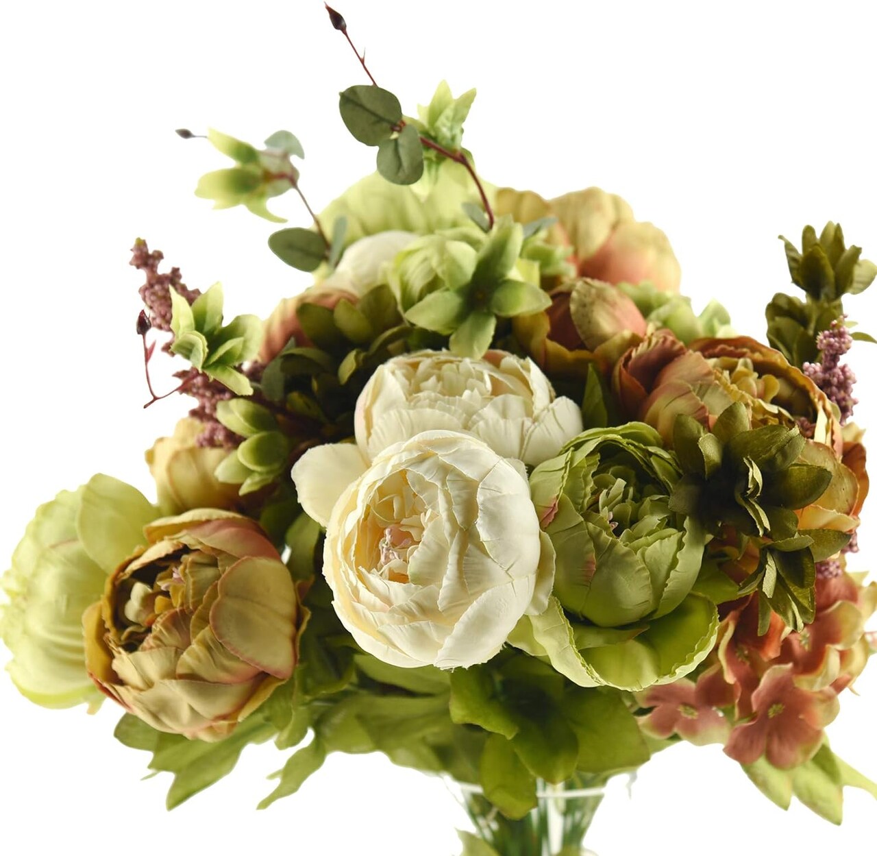 2PCS Rustic Artificial Peony Bouquets – Silk Flowers with Hydrangeas in Beige, Brown & Green Tones for Wedding, Dining Table Centerpieces, Farmhouse Home, Living Room & Vase Decor